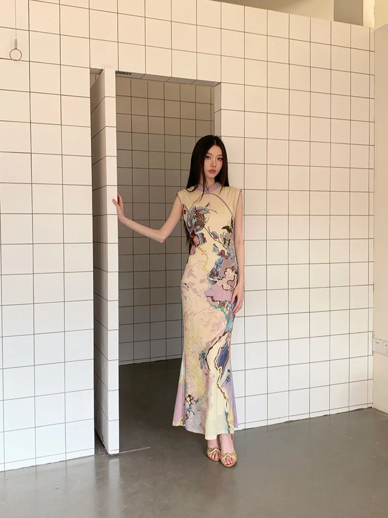 VILZSTUDIOS Elegant Vintage Floral Mesh Sleeveless Dress