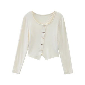 VILZSTUDIOS Apricot Elegant Metal Button Slit Cardigan