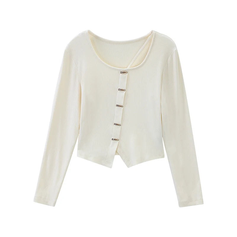VILZSTUDIOS Apricot Elegant Metal Button Slit Cardigan