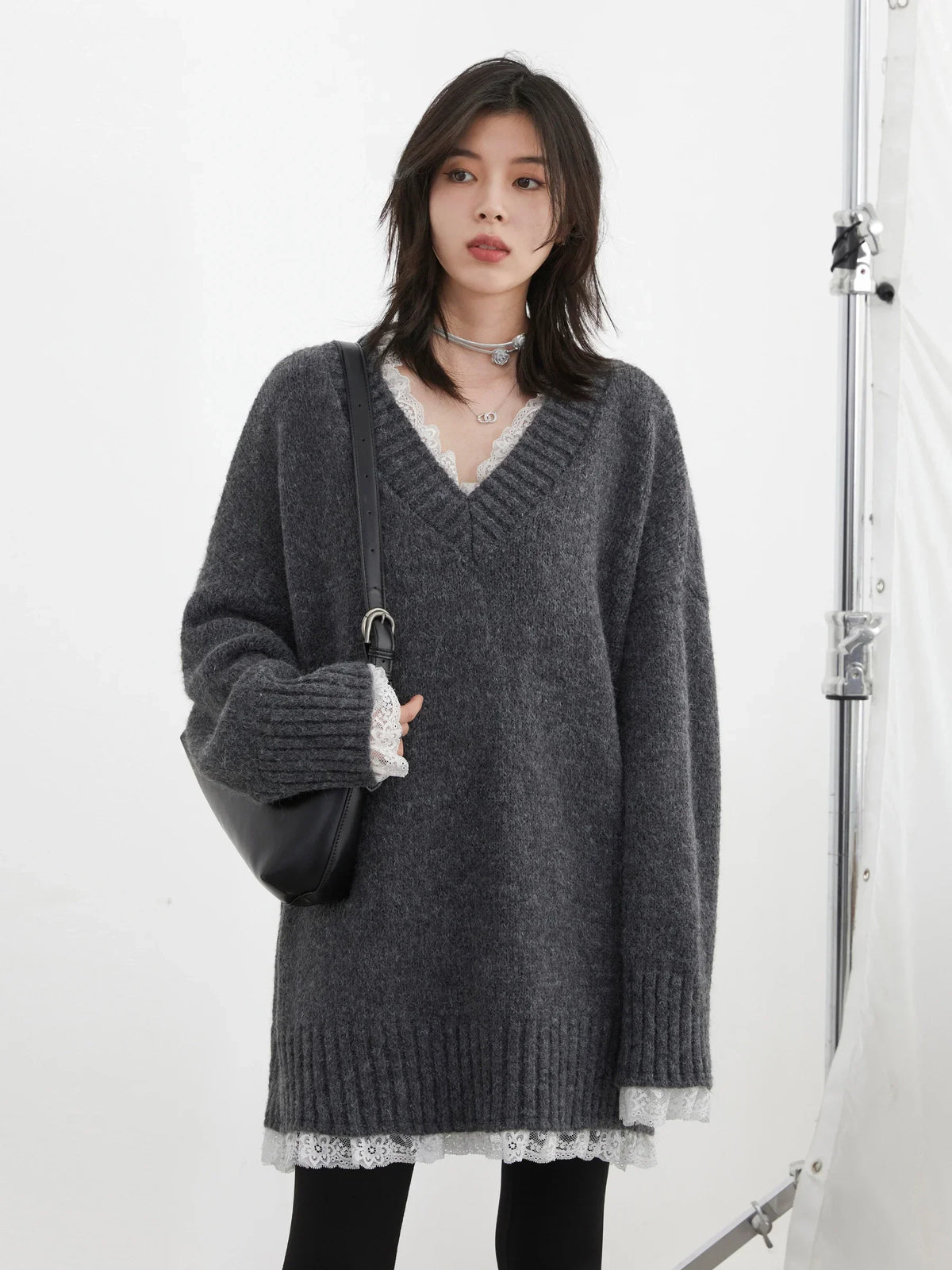 VILZSTUDIOS Casual Loose V-Neck Knit Sweater