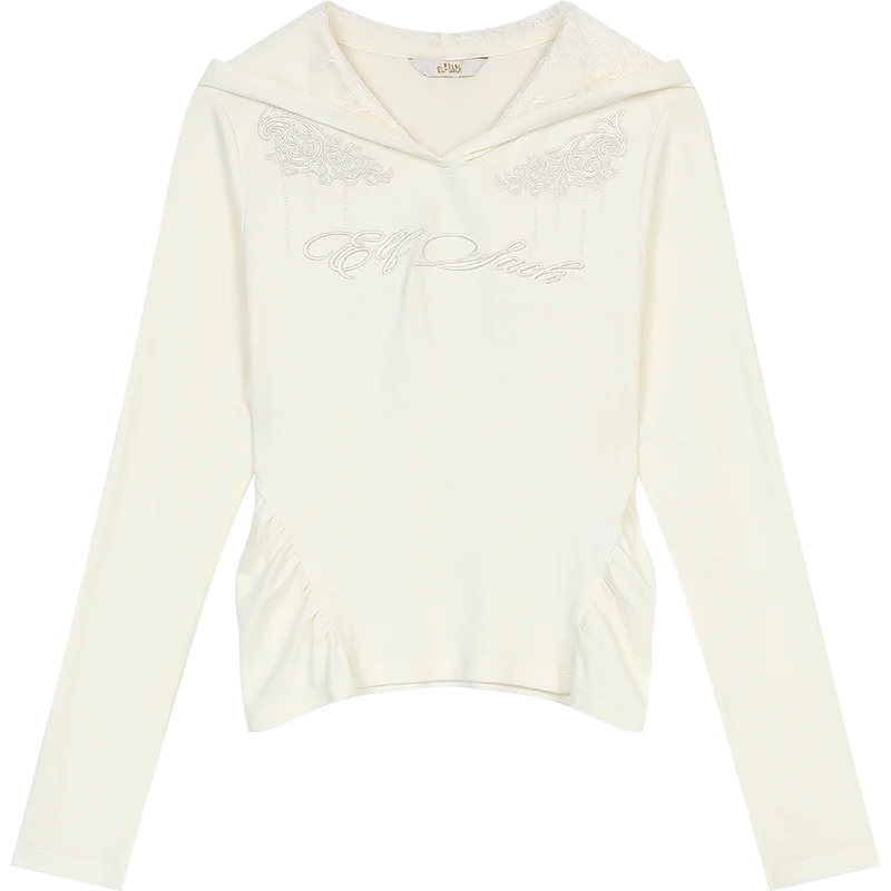 VILZSTUDIOS White Lace Embroidered Long Sleeve Hoodie