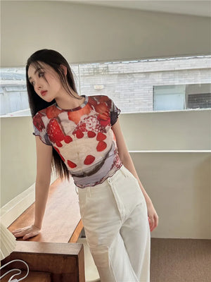 VILZSTUDIOS Fruit Cake Print Mesh T-Shirt