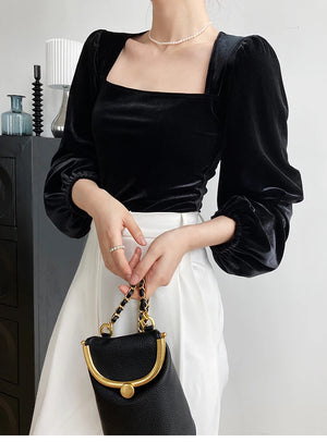 VILZSTUDIOS Black Velvet Square Neck Blouse
