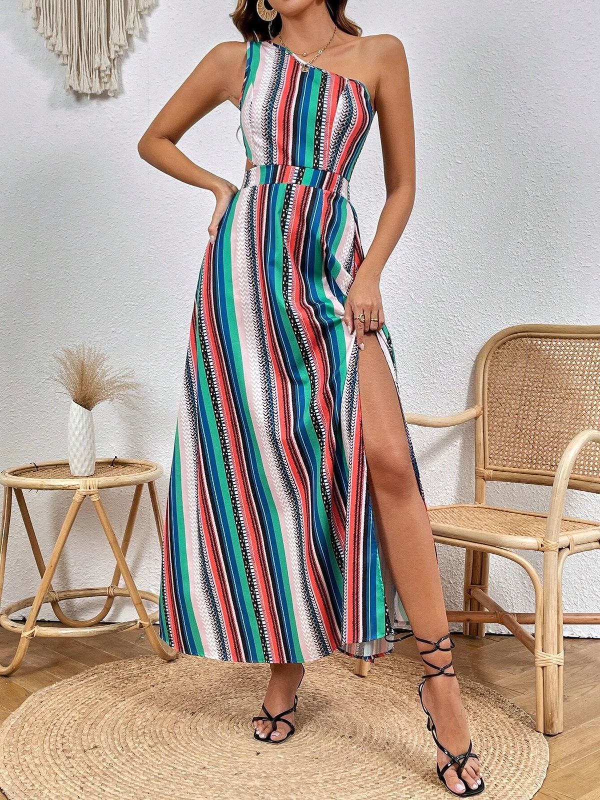 VILZSTUDIOS Striped Print One Shoulder Summer Dress