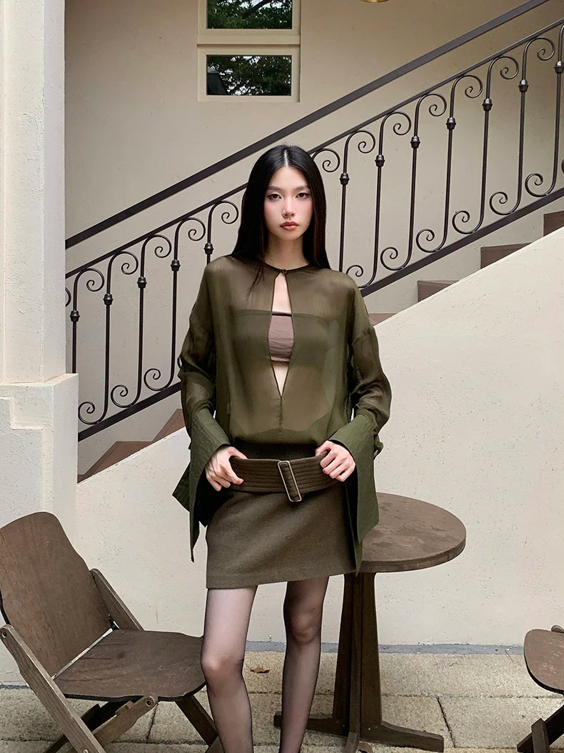 VILZSTUDIOS Elegant Green Sheer Blouse & Mini Skirt