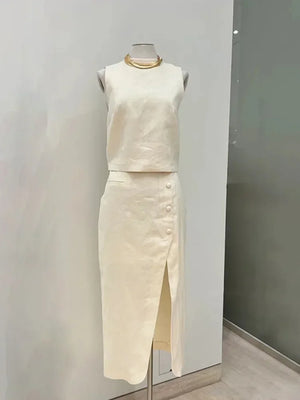 VILZSTUDIOS Beige Sleeveless Tank Top & Skirt Set