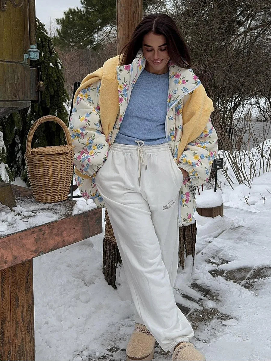 VILZSTUDIOS Cozy Floral Print Oversized Puffer Jacket