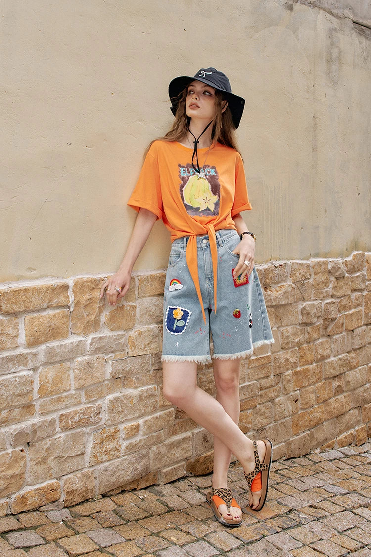 VILZSTUDIOS Fruit Printed Lace-Up Casual T-Shirt