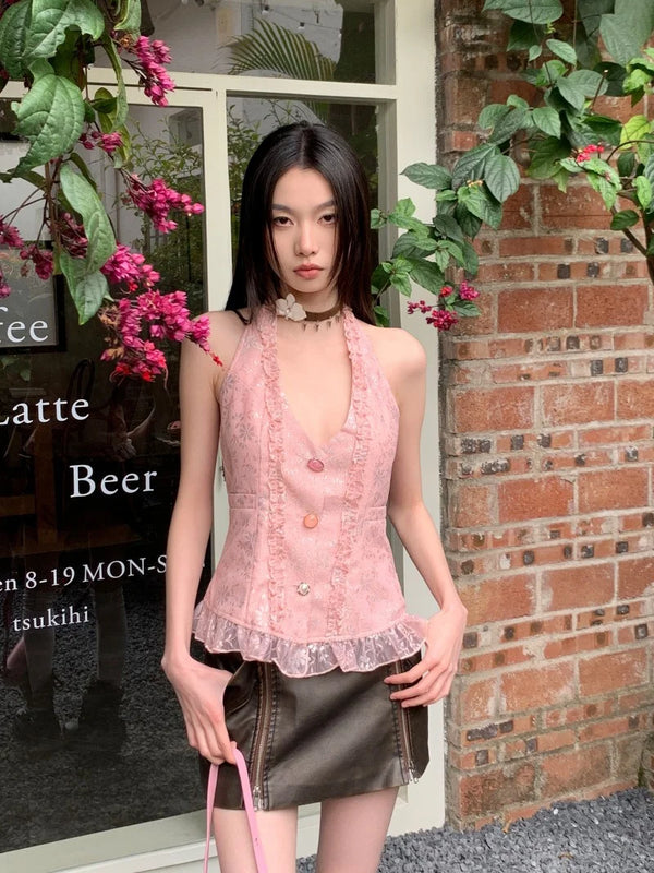 Pink Sequin Lace Hem Halter Top