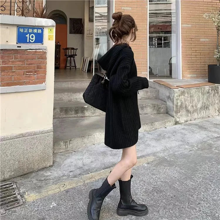 VILZSTUDIOS Cozy Wool Knitted Hooded Mini Dress