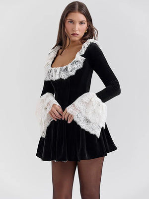 VILZSTUDIOS Flare Lace Square Collar Black Dress
