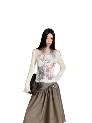 VILZSTUDIOS Floral Knitted Ribbed Long Bell Sleeve Top