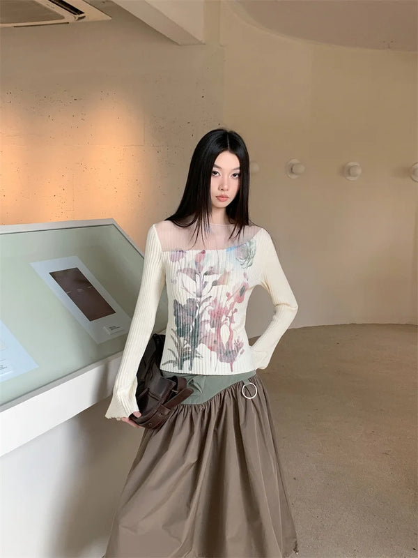 Floral Knitted Ribbed Long Bell Sleeve Top