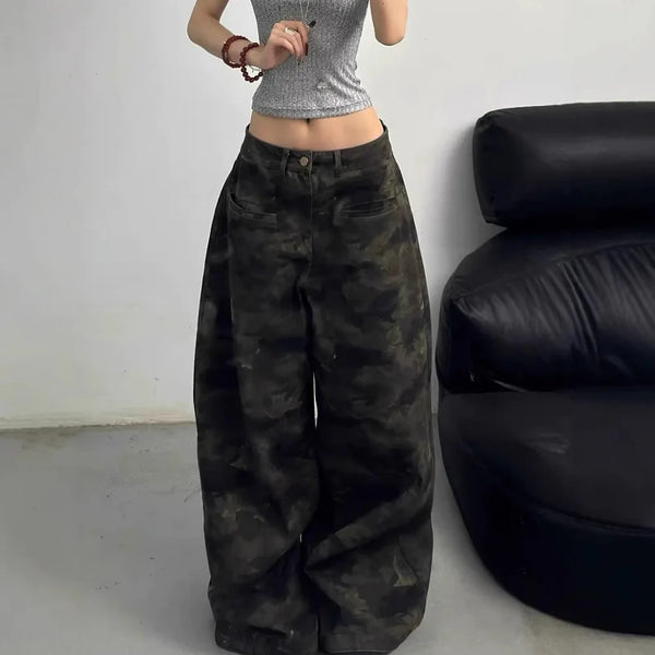 Women American Camo Style Wide Leg Jeans