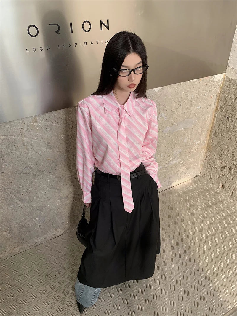 VILZSTUDIOS Pink Striped Button Up Shirt With Tie