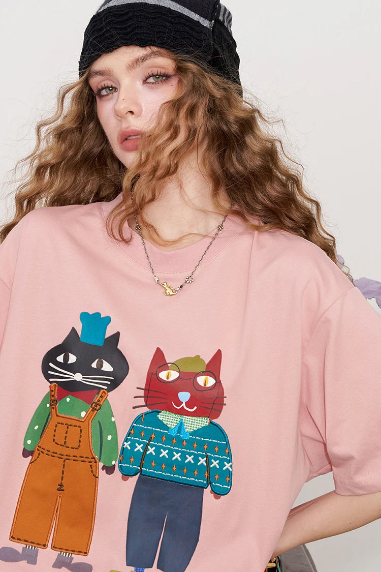VILZSTUDIOS Chic 2 Cartoonish Cat Print T-Shirt