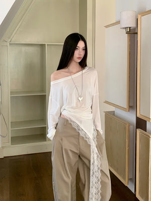 VILZSTUDIOS Off-Shoulder Lace Ruched Asymmetrical Top