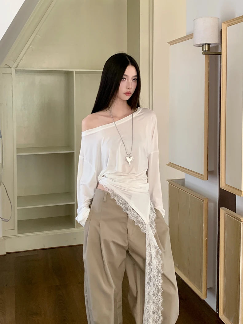 VILZSTUDIOS Off-Shoulder Lace Ruched Asymmetrical Top