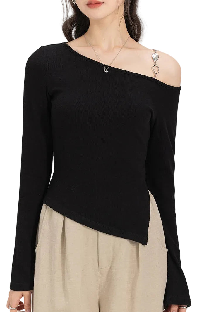 VILZSTUDIOS Asymmetrical Off Shoulder Knitted Long Sleeve Top