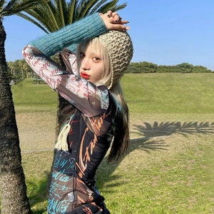 VILZSTUDIOS Sheer Mesh Patchwork Long Sleeve T-Shirt