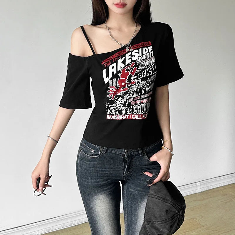 VILZSTUDIOS Gothic Letter Print Cropped Off Shoulder T-Shirt