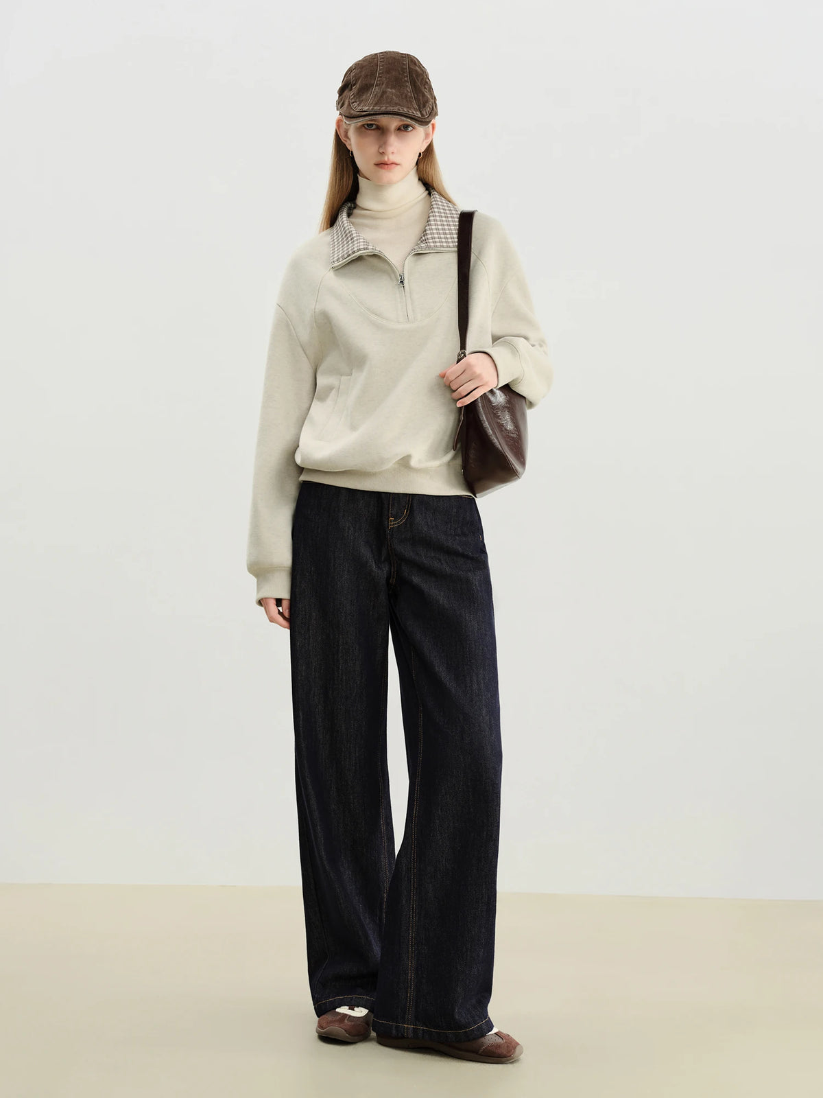 VILZSTUDIOS Cozy Plaid Stand Collar Sweatshirt