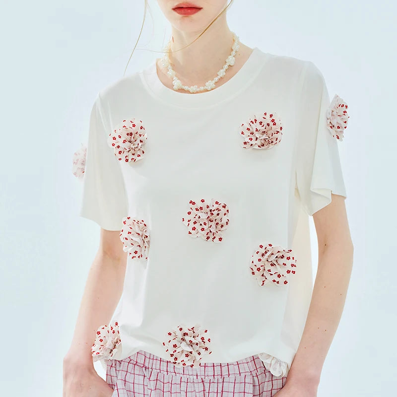 VILZSTUDIOS Elegant White Floral Applique Short T-Shirt