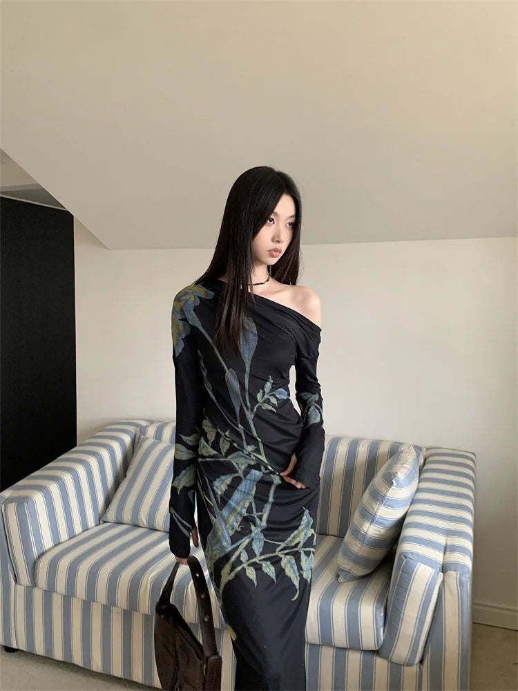 VILZSTUDIOS Dark Blue Floral Off-Shoulder Maxi Dresses
