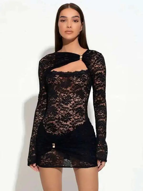 Seductive Lace Metal Ring Black Dress