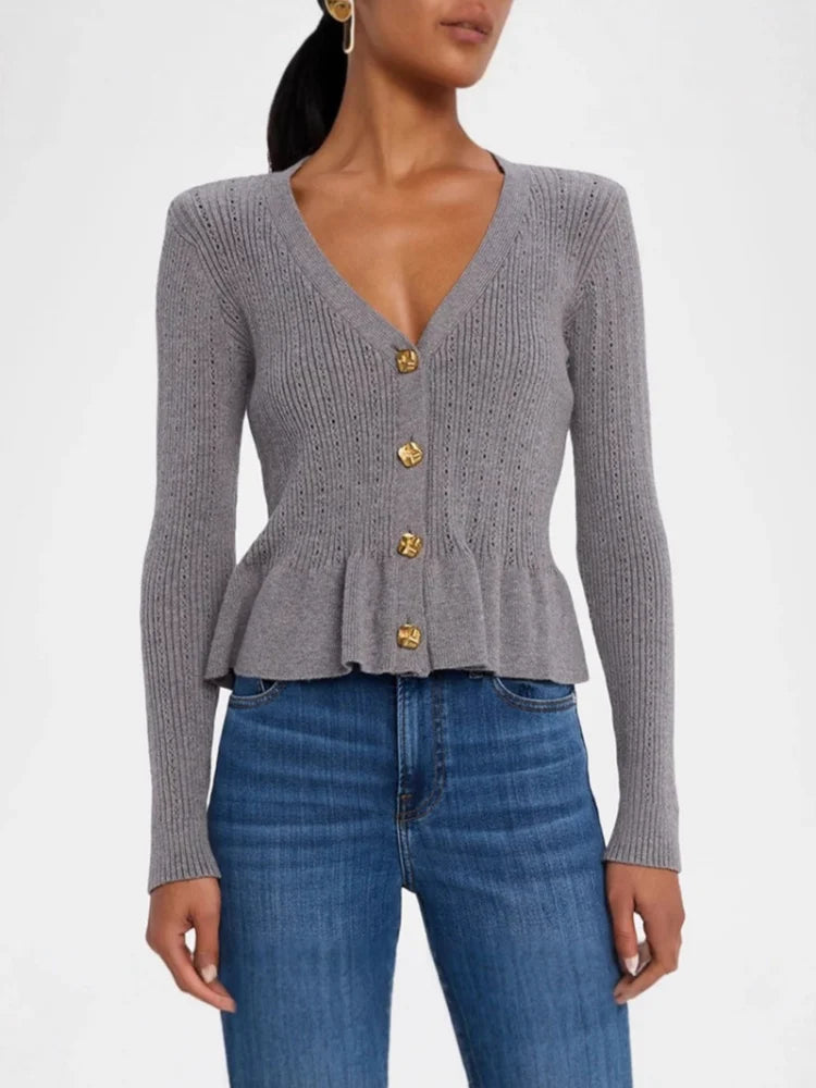 VILZSTUDIOS Chic Gray Ruffled Knit Sweater