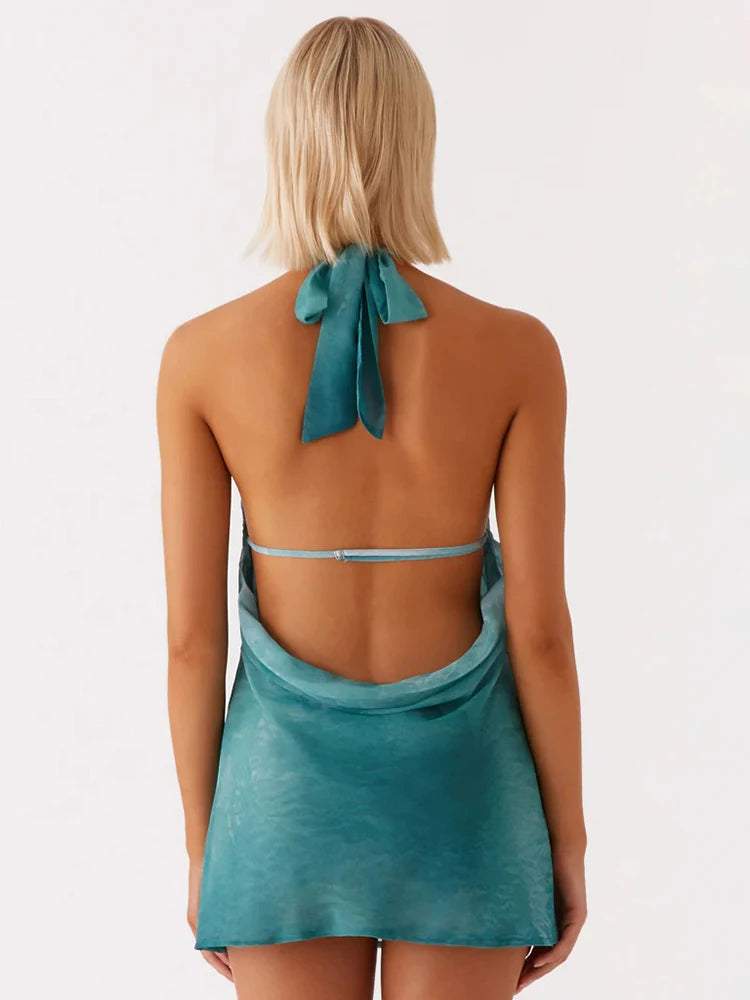 VILZSTUDIOS Sexy Halter Backless Tie Dye Mini Dress