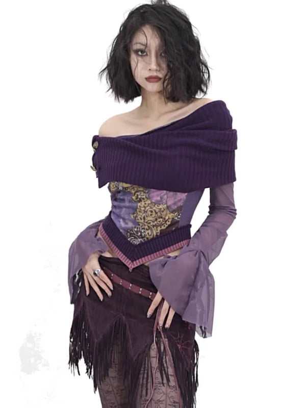Vintage Y2K Off-Shoulder Knitted Mesh T-Shirt
