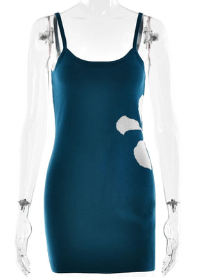 VILZSTUDIOS Blue Sexy Backless Knit Print Dress
