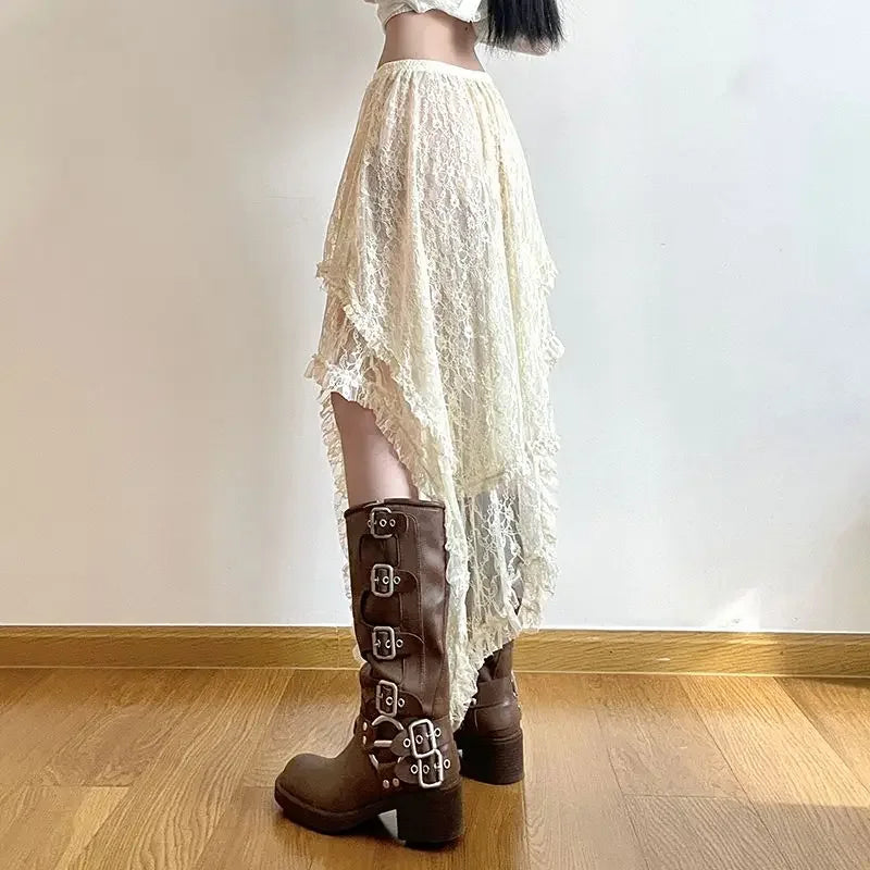 VILZSTUDIOS Vintage Boho Lace Asymmetrical Skirt