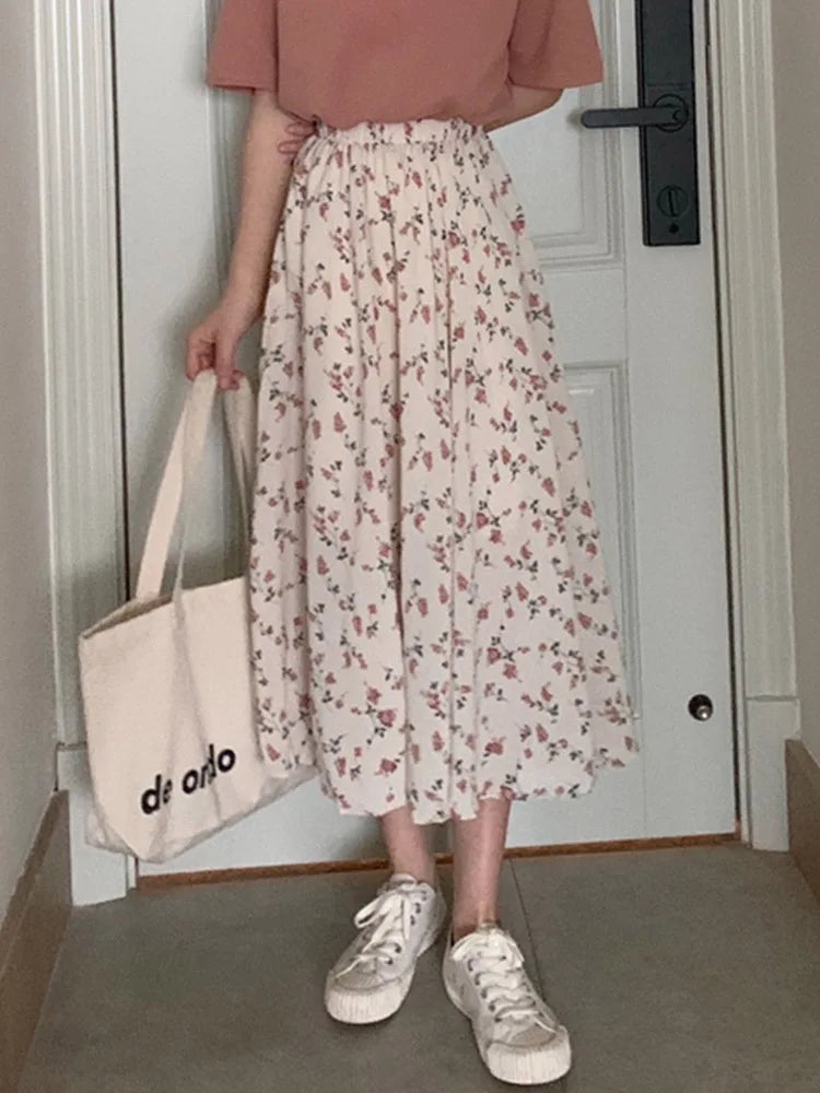 VILZSTUDIOS Floral Print Pleated Midi Skirt