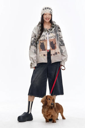 VILZSTUDIOS Retro Cats Print Loose Jacket
