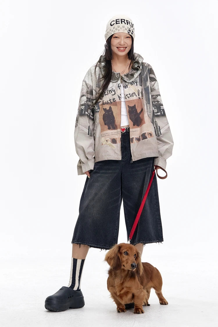VILZSTUDIOS Retro Cats Print Loose Jacket