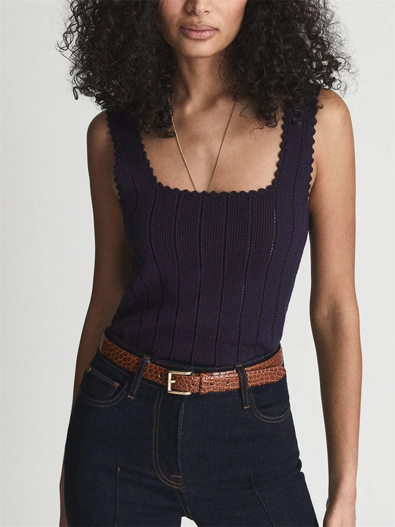 VILZSTUDIOS Hollow Out Lace Trim Knit Tank Top