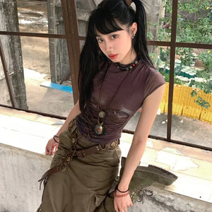 VILZSTUDIOS Vintage Lace-Up Japanese Graphic T-Shirt