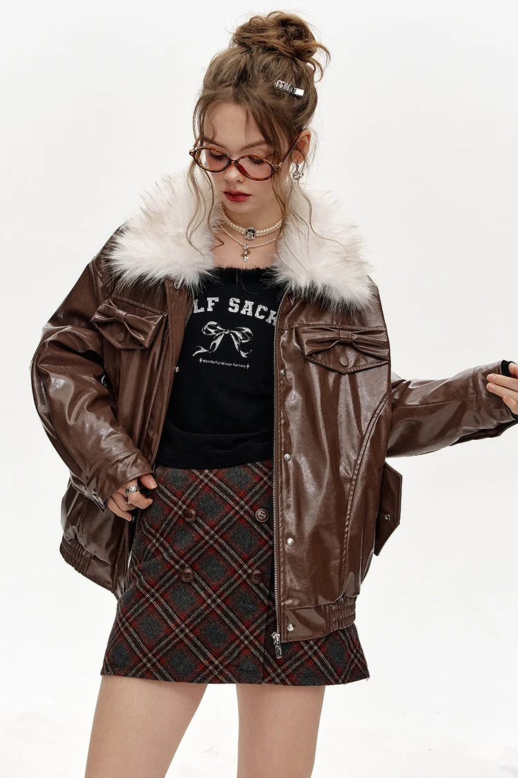 VILZSTUDIOS Plush Collar Spliced PU Jacket