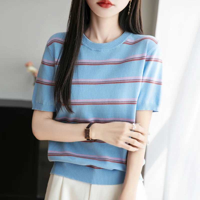 VILZSTUDIOS Striped Cotton Knitted Round Neck T-Shirt