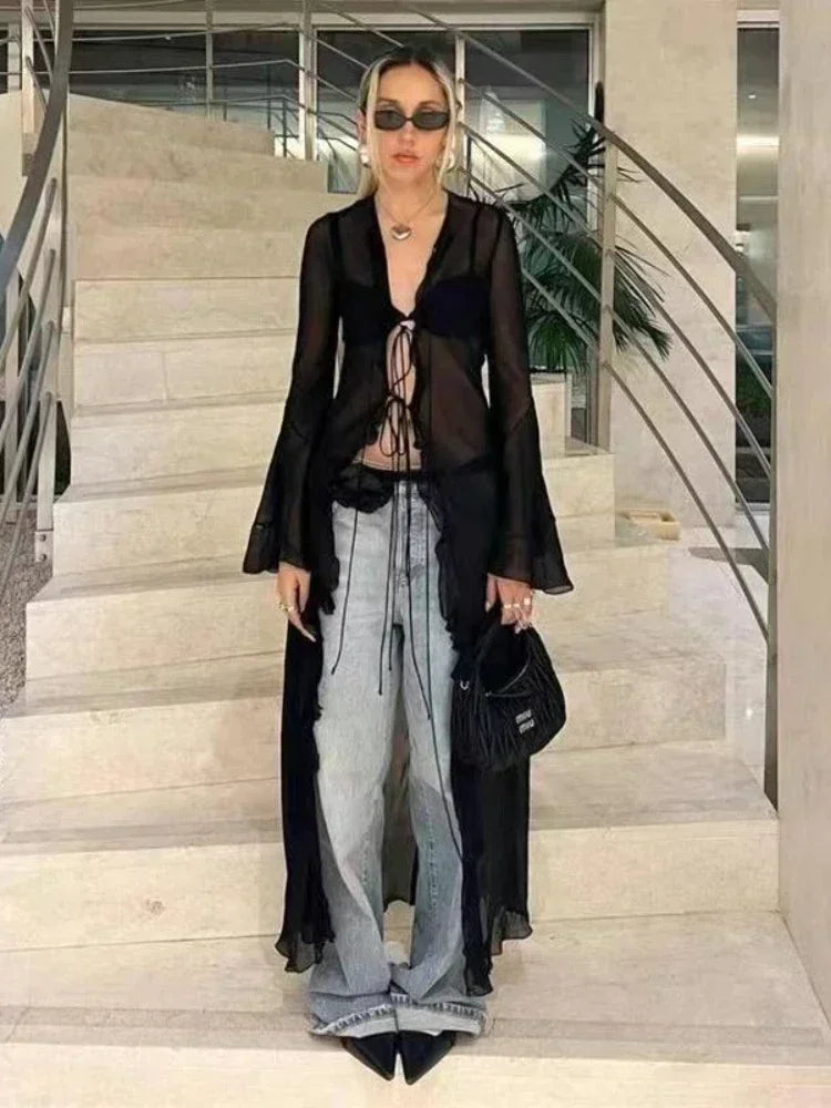VILZSTUDIOS Black Vintage Y2K See-Through Cardigan Blouse