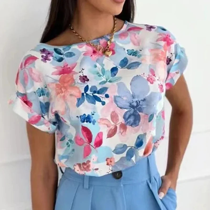 VILZSTUDIOS Floral Loose Round Neck Blouse