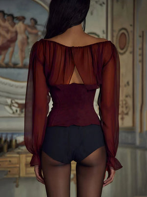 VILZSTUDIOS Elegant Wine Red Chiffon Lace-Up T-Shirt