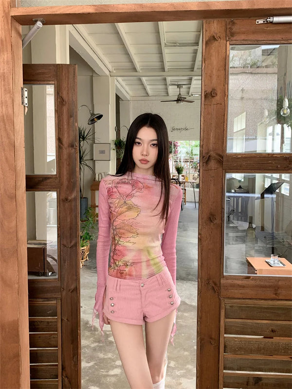 Floral Mesh Sleeve Rhinestone Top