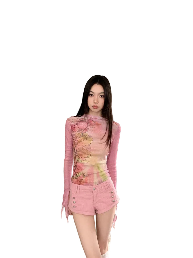 VILZSTUDIOS Floral Mesh Sleeve Rhinestone Top