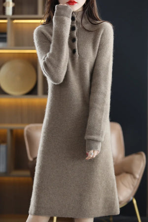 VILZSTUDIOS Elegant Pure Wool Turtleneck Midi Dress