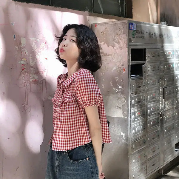 Vintage Red Plaid Girlish Chic Shirt