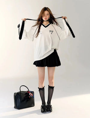 VILZSTUDIOS Sweet Bow White V Neck T-Shirt
