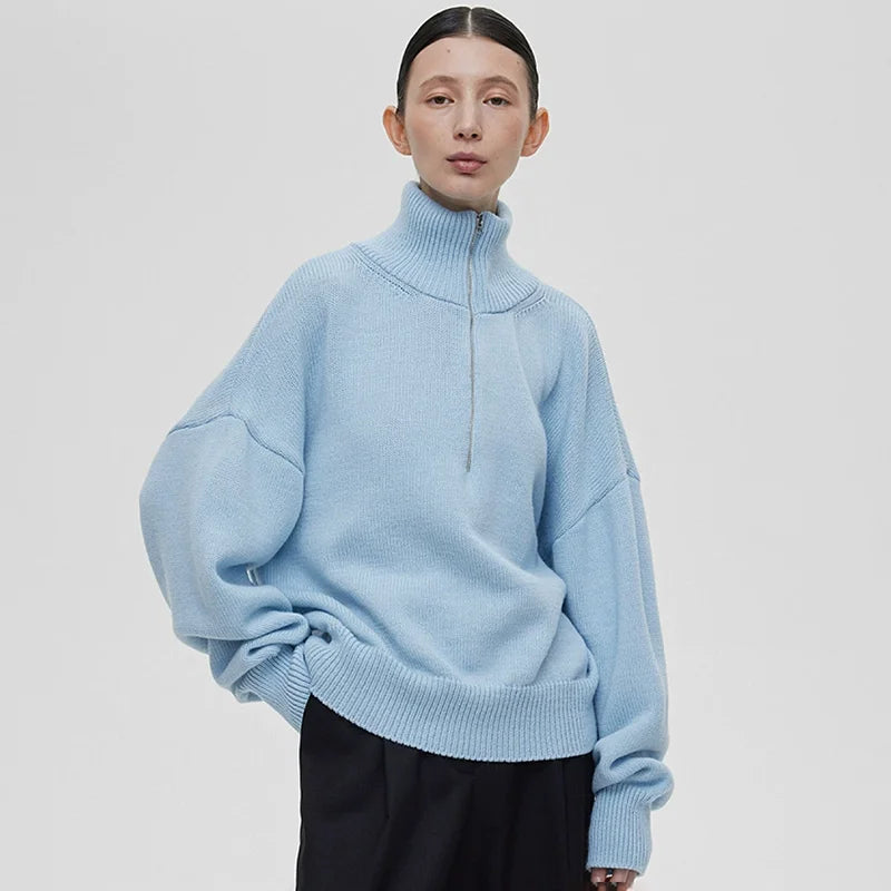VILZSTUDIOS Solid Half Zip-Up Loose Knitted Sweater